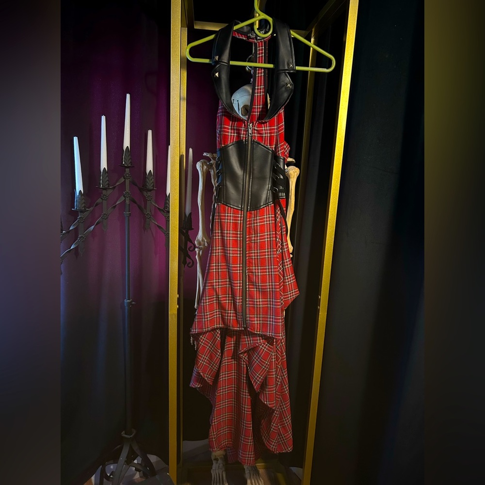 Vintage lip service “punk and disorderly” moto ball gown red plaid goth dress